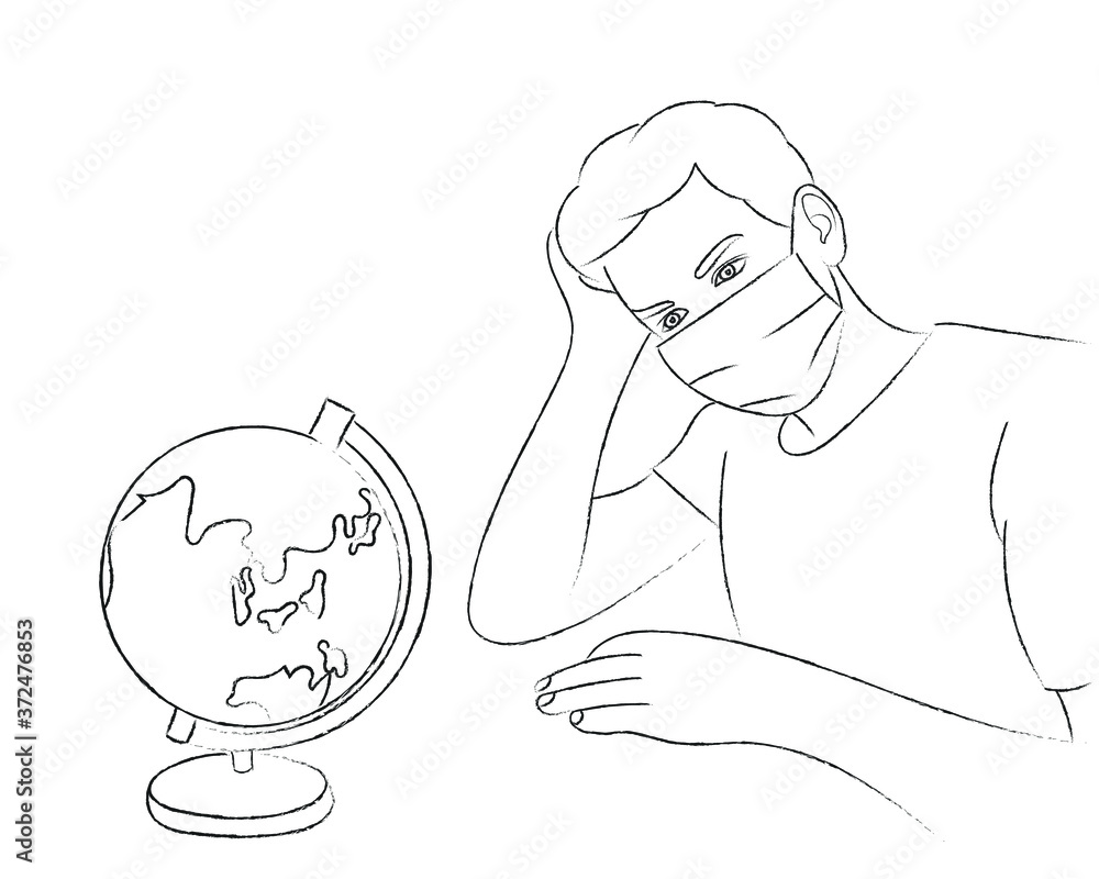 A sketch of a guy in a protective medical mask who is sitting and looking at the globe A sketch of a guy in a protective medical mask who is sitting and looking at the globe
