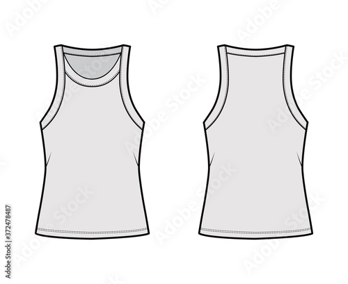 Cotton-jersey tank technical fashion illustration with relaxed fit, wide scoop neckline, sleeveless. Flat outwear cami apparel template front, back grey color. Women men unisex shirt top CAD mockup