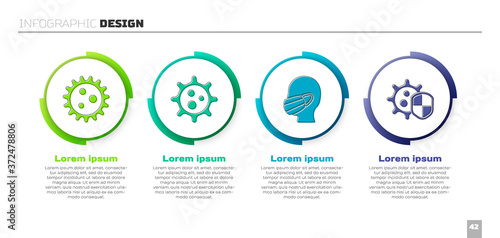Set Virus, Virus, Face in a medical protective mask and Shield protecting from virus. Business infographic template. Vector.