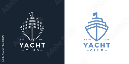 Luxury yacht club logo line icon. Premium leisure boat marine sign. Cruise ship travel symbol. Vector illustration.