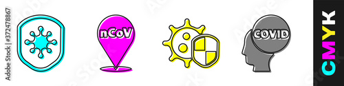 Set Shield protecting from virus, Corona virus 2019-nCoV on location, Shield protecting from virus and Corona virus covid-19 icon. Vector.
