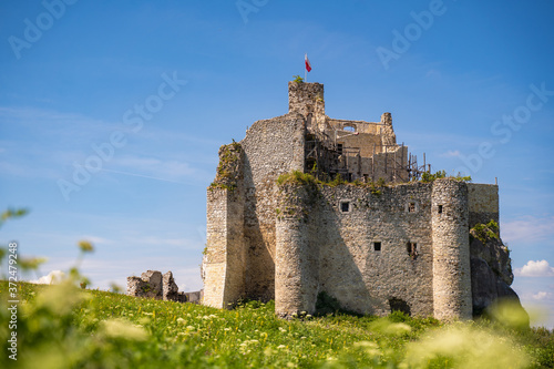 14th century ruins of Mirow Castle in Poland. Medieval, monumental, stone building lies on a hill, surrounded by limestone rock formations. A romantic castle in the Eagle Nests trail. Sunny summer sky