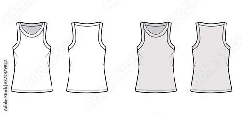 Cotton-jersey tank technical fashion illustration with relaxed fit, wide scoop neckline, sleeveless. Flat outwear cami apparel template front, back white grey color. Women men unisex shirt top mockup