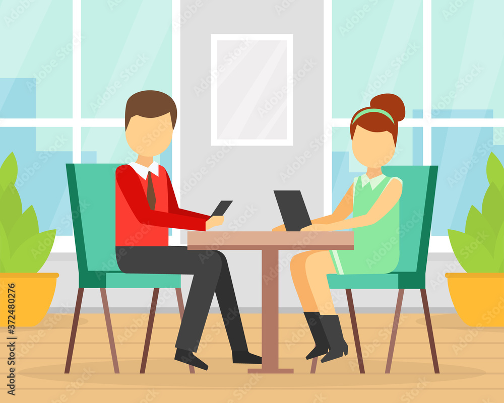 Young Man and Woman Using Smartphones while Sitting at Table in Cafe, Gadget Addiction Concept Cartoon Vector Illustration Young Man and Woman Using Smartphones while Sitting at Table in Cafe, Gadget Addiction Concept Cartoon Vector Illustration