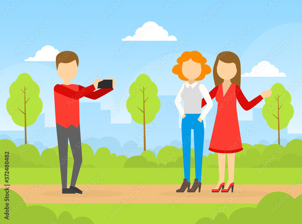 Girls Posing for Photo, Young Man Photographing Women on Smartphone Cartoon Vector Illustration