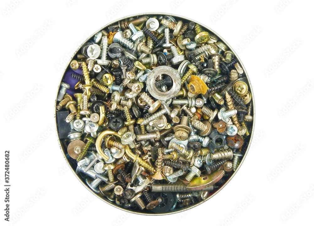 Round jar with different types of screws and fasteners.

