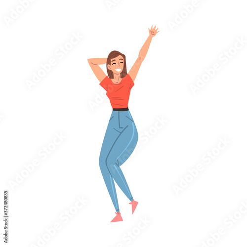 Fototapeta Naklejka Na Ścianę i Meble -  Cheerful Smiling Woman Having Fun, Happy Person Character in Casual Clothes Cartoon Style Vector Illustration