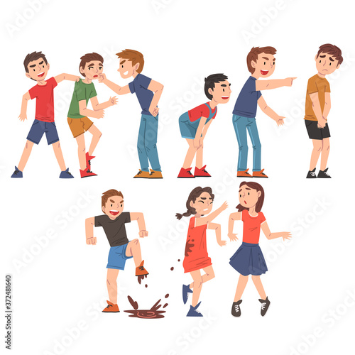 Conflicts Between Children Set, Violent Behavior Among Kids, Mockery and Bullying at School Concept Cartoon Style Vector Illustration