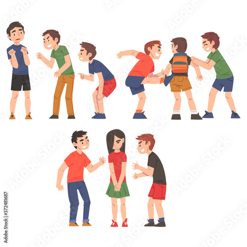 Conflicts Between Children Set, Violent Behavior Among Schoolkids, Mockery and Bullying at School Concept Cartoon Style Vector Illustration