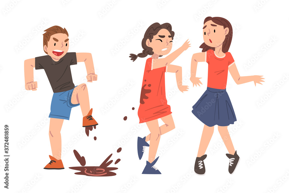 Bully Boy Jumping into Puddle and Dirtying Girls with Mud, Mockery and Bullying at School Concept Cartoon Style Vector Illustration Bully Boy Jumping into Puddle and Dirtying Girls with Mud, Mockery and Bullying at School Concept Cartoon Style Vector Illustration