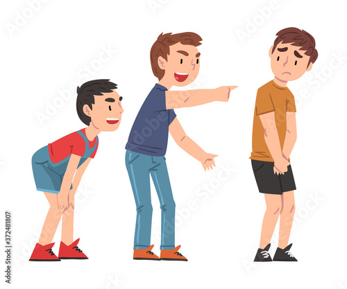 Sad Boy Bullied by Others, Two Boys Mocking, Laughing and Pointing Fingers at Him, Mockery and Bullying at School Problem Cartoon Style Vector Illustration