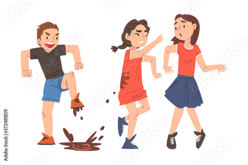 Bully Boy Jumping into Puddle and Dirtying Girls with Mud, Mockery and Bullying at School Concept Cartoon Style Vector Illustration