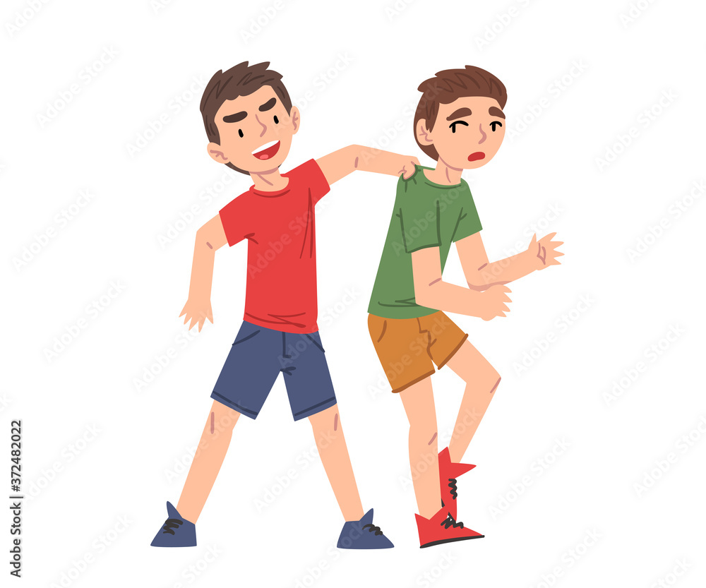Fototapeta premium Bully Boy Attacking Sad Weaker Boy, Mockery and Bullying at School Problem Cartoon Style Vector Illustration
