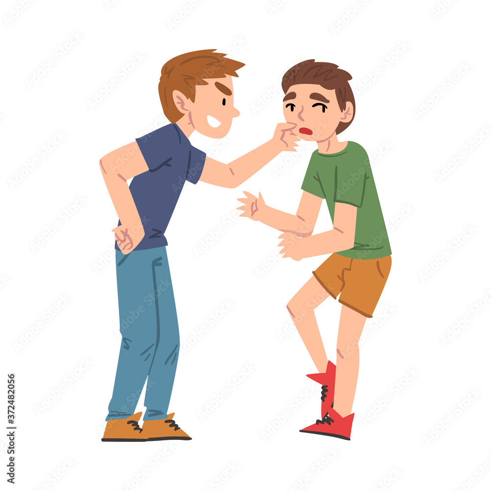 Bully Boy Mocking, Laughing and Attacking Weaker, Mockery and Bullying at School Concept Cartoon Style Vector Illustration Bully Boy Mocking, Laughing and Attacking Weaker, Mockery and Bullying at School Concept Cartoon Style Vector Illustration