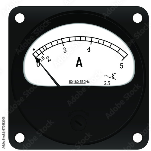Vintage black electric ampere meter for 5 Ampere. Analog ampere meter - electrical measuring instrument. 
