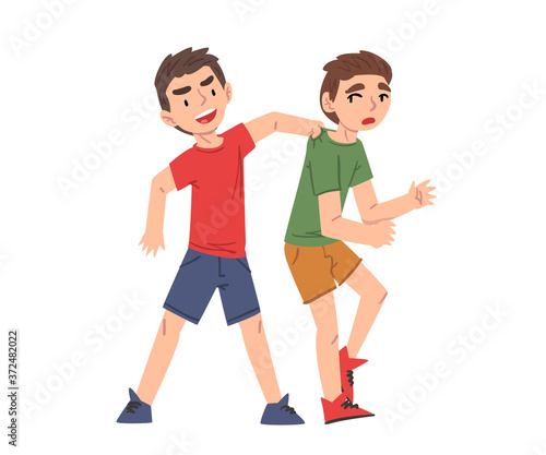 Bully Boy Attacking Sad Weaker Boy, Mockery and Bullying at School Problem Cartoon Style Vector Illustration