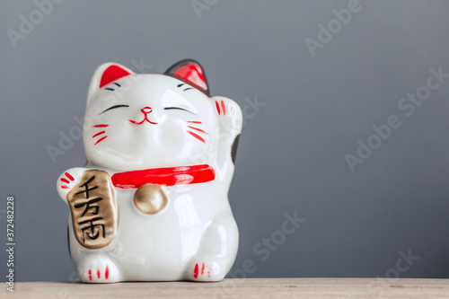Maneki neko lucky cat show text on hand meaning rich on wood table background, select focus photo