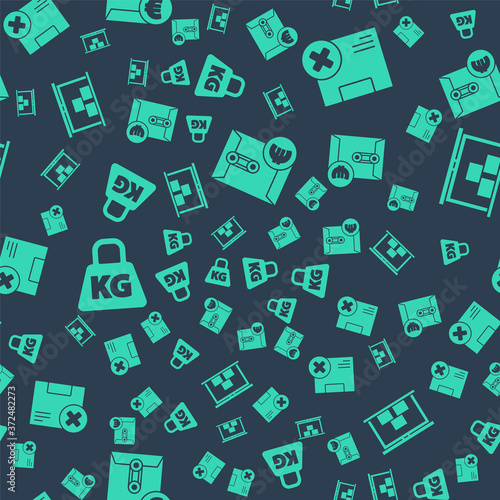 Set Envelope with euro symbol, Carton cardboard box and delete, Weight and Warehouse on seamless pattern. Vector.