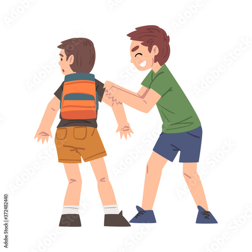Bully Boy Attacking Weaker, Mockery and Bullying at School Problem Cartoon Style Vector Illustration