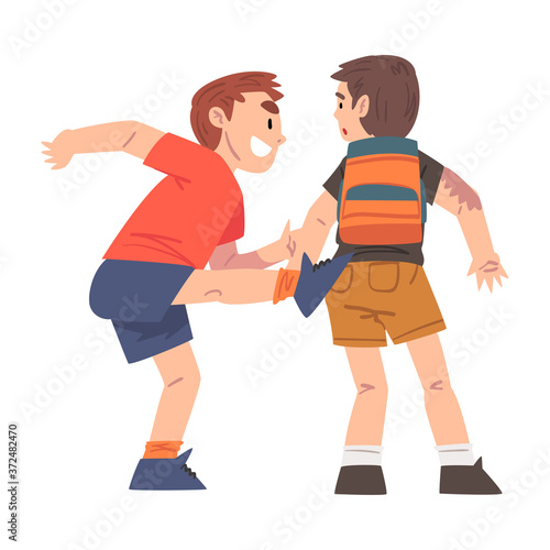 Bully Kicking Weak Boy Victim, Mockery and Bullying at School Problem Cartoon Style Vector Illustration