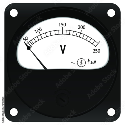 Vintage black electric voltmeter for 250 volt. Analog voltmeter - electrical measuring instrument. Vector Illustration.