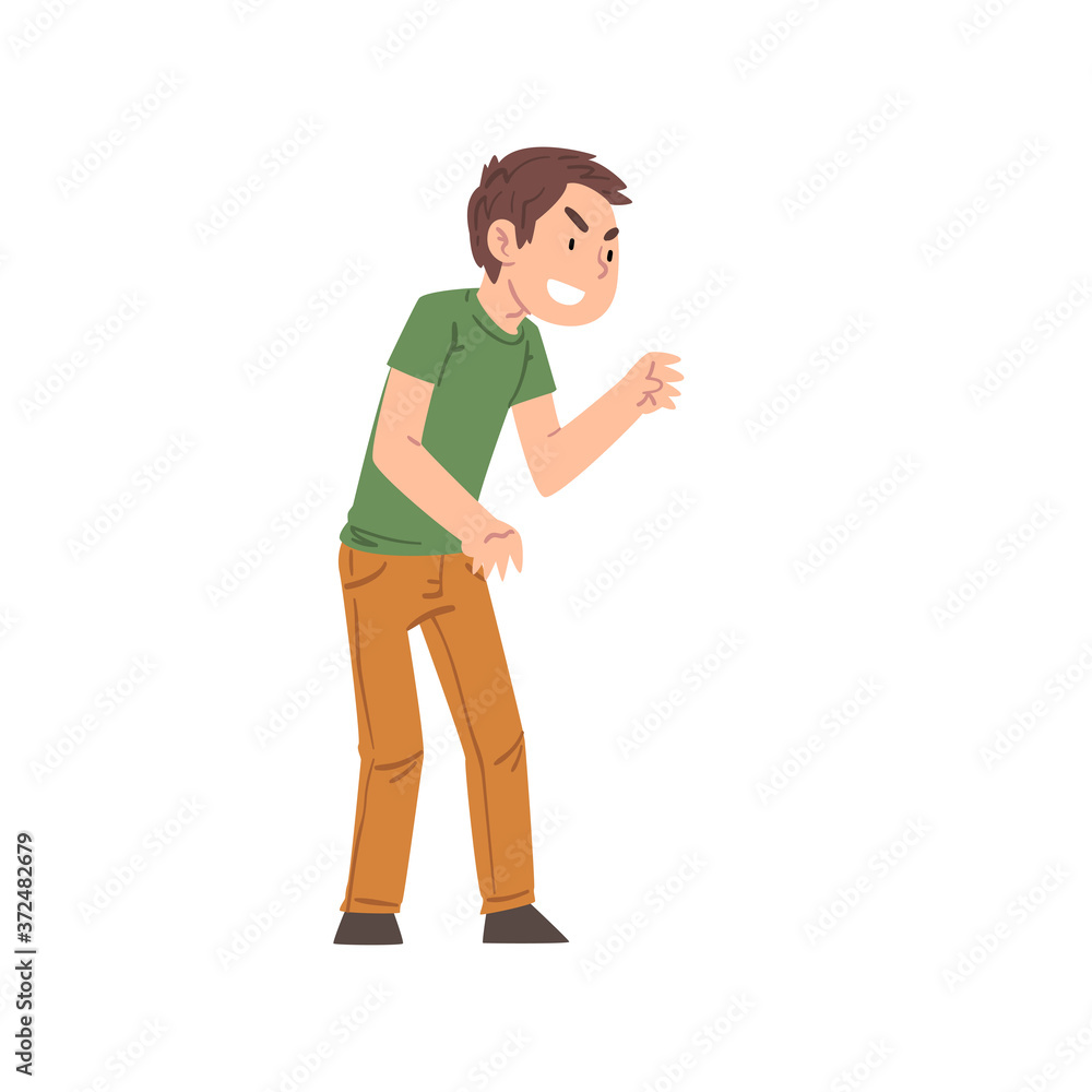 Boy Character Bullying Someone Pointing Finger, Hoodlum Child, Bad Child Behavior Cartoon Style Vector Illustration