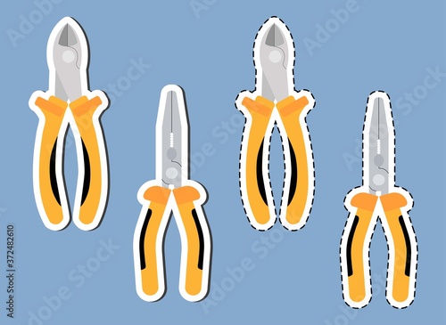 Set of yellow side cutters and pliers. Stickers with dotted line and white stroke and shadows. tools are closed, isolated on blue background, flat vector illustration