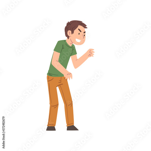 Boy Character Bullying Someone Pointing Finger, Hoodlum Child, Bad Child Behavior Cartoon Style Vector Illustration