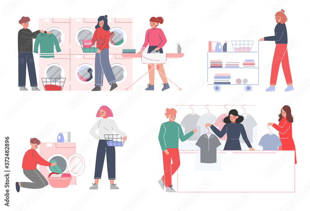 People Doing Laundry at Home or Public Laundrette Set, Men and Women Washing and Drying Clothes Flat Style Vector Illustration