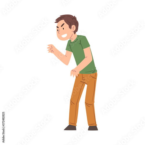 Mocking Bully Boy Character, Hoodlum Child Pointing with his Finger, Bad Child Behavior Cartoon Style Vector Illustration
