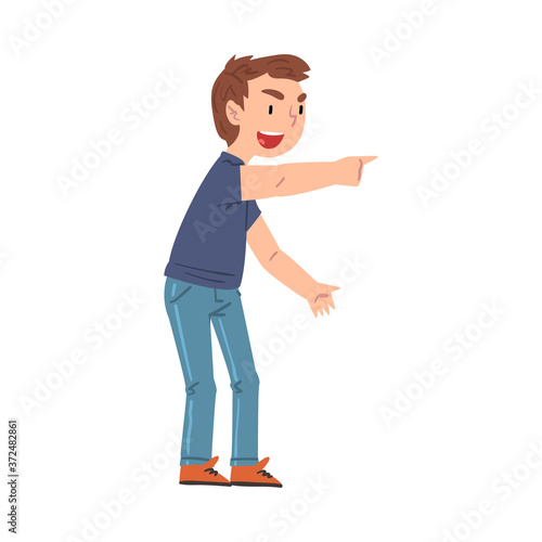 Bully Boy Character Mocking at Someone, Hoodlum Child Pointing with his Finger, Bad Child Behavior Cartoon Style Vector Illustration