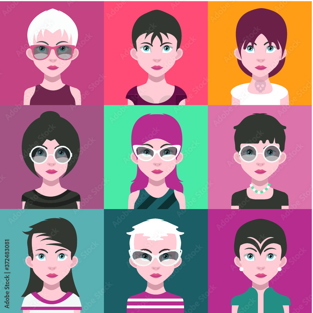 Set of people icons in flat style with faces. Vector women, men Set of people icons in flat style with faces. Vector women, men