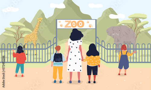 Vector illustration of children at zoo. Group of young people with teacher standing near entrance to zoo and looking on wild animals