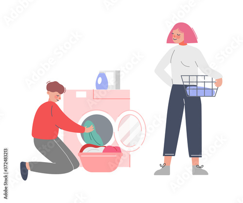 Young Man and Woman Doing Laundry at Home or Public Laundrette, Guy Putting Dirty Clothes in Washing Machine, Girl Holding Basket of Dirty Laundry Flat Style Vector Illustration