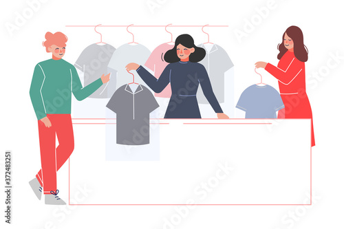 Dry Cleaning Service, Female Worker Giving to Client Clean Clothes on Reception of Laundry Flat Style Vector Illustration photo