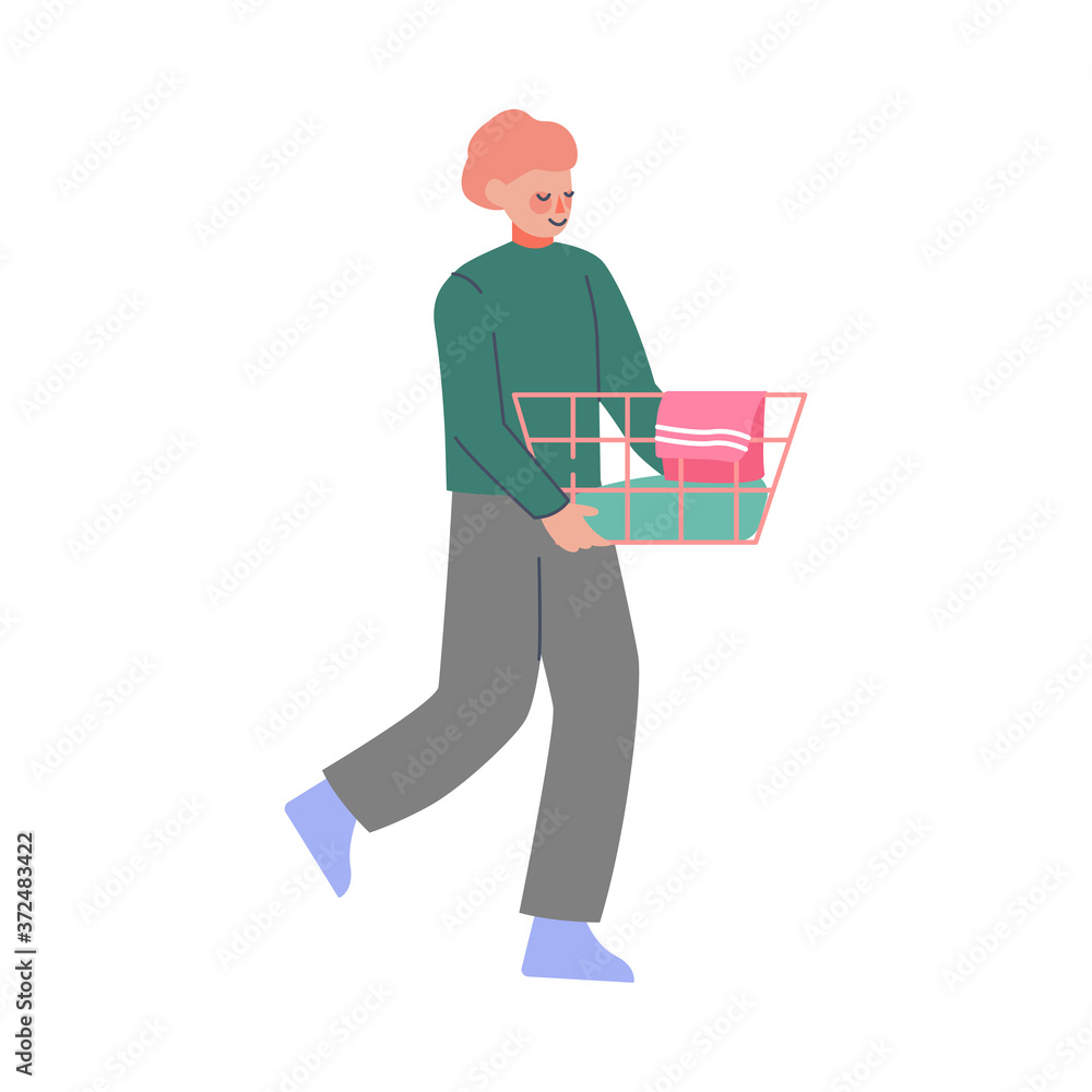 Young Man Doing Laundry at Home or Public Laundrette, Guy Carrying Basket of Dirty Laundry Flat Style Vector Illustration