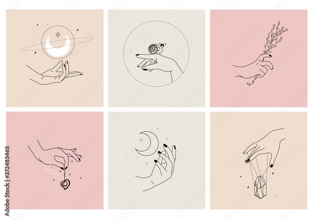 Hands in different gestures. Vector emblems. Feminine symbols for beauty products.