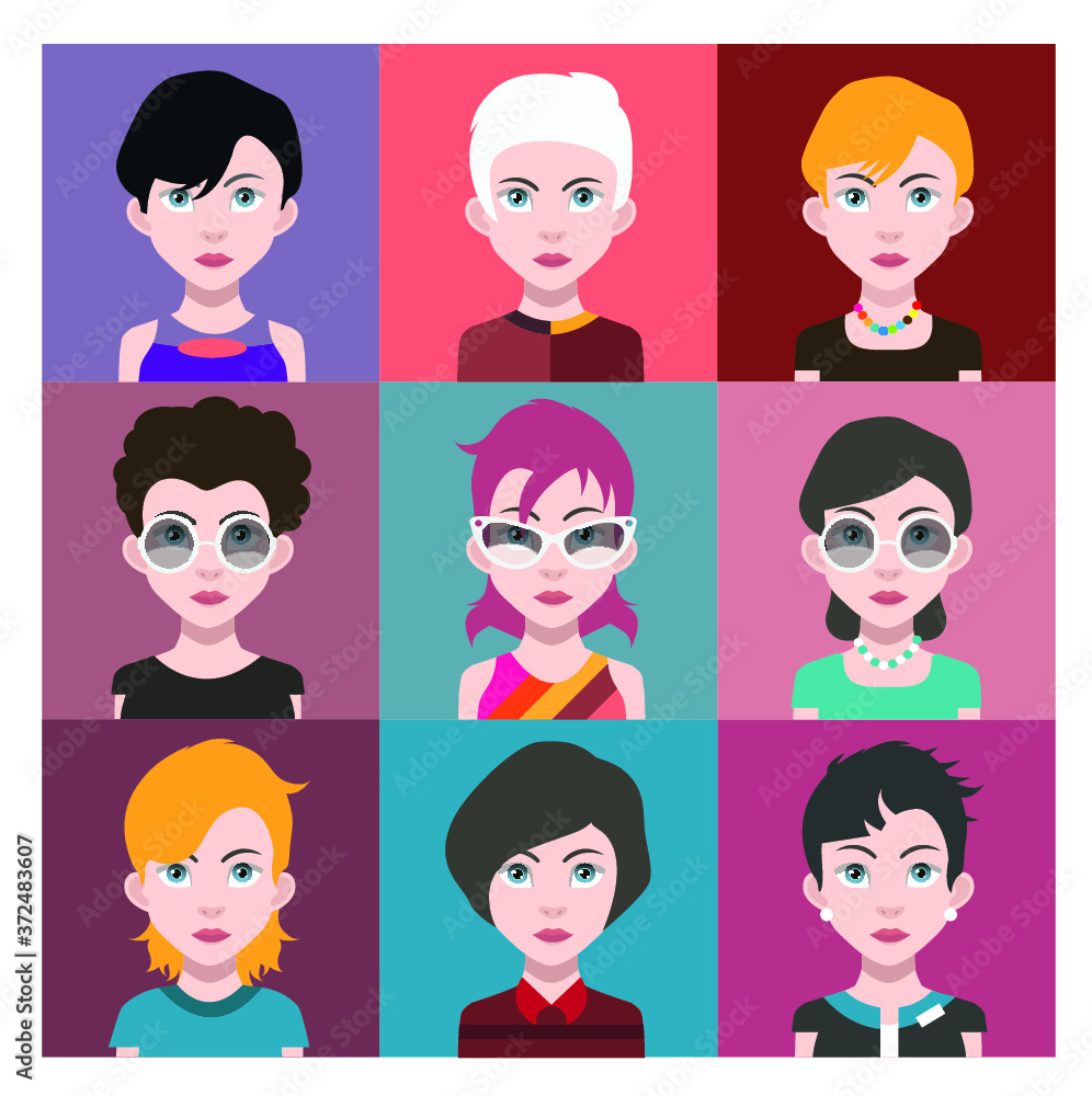 Set of people icons in flat style with faces. Vector women, men Set of people icons in flat style with faces. Vector women, men