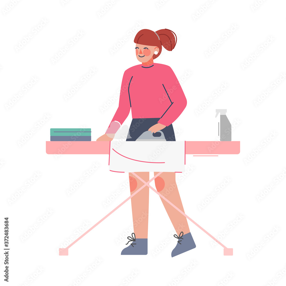 Fototapeta premium Girl Ironing Clothes on Board, Young Woman Doing Laundry, Household Chores Flat Style Vector Illustration