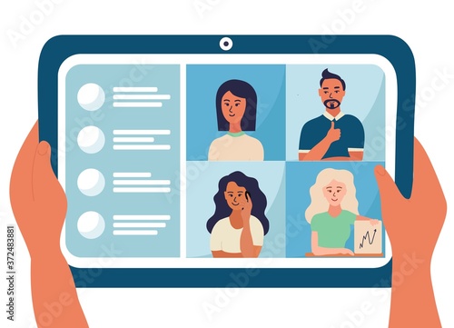 Four people are on the tablet device screen, conference video call vector illustration design. solve business problem. Women and man. Human hand hold device and connect online communication. Colored
