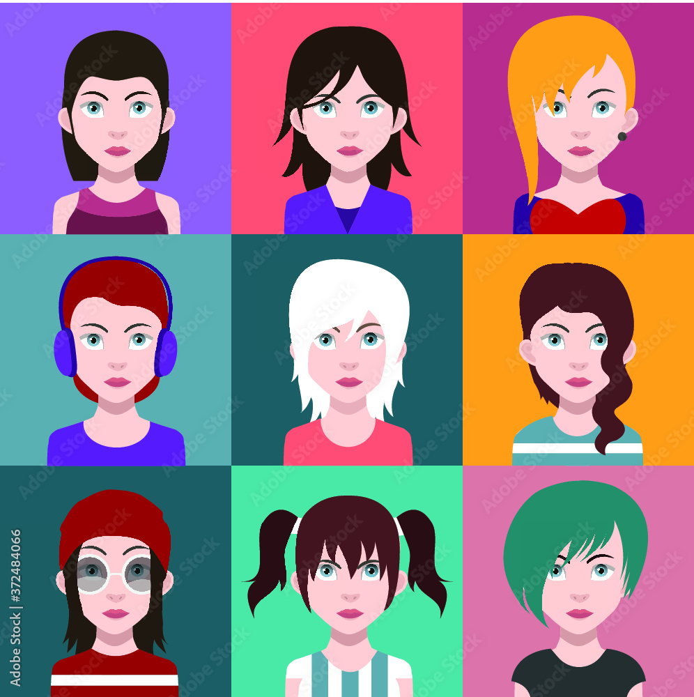 Set of people icons in flat style with faces. Vector women, men Set of people icons in flat style with faces. Vector women, men