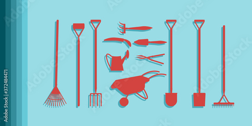 Gardening tools set - light background - vector. Banner horizontal