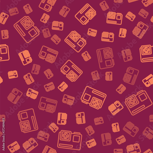 Brown line Action extreme camera icon isolated seamless pattern on red background. Video camera equipment for filming extreme sports. Vector Illustration.