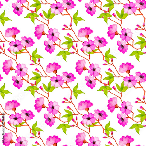 Seamless watercolor pattern of branches of apple  sakura with leaves and flowers.