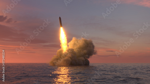 Fotografía Ballistic missile launch from underwater at sunset