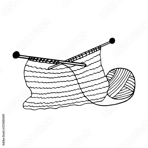 knitting needles, clew, scarf hand drawn in doodle style. single element for design icon, sticker, poster, card. vector, scandinavian, hygge, monochrome. hobby, handicraft, cozy home