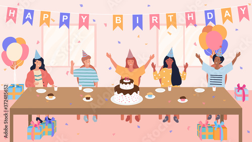Flat vector illustration of birthday party. Kids celebrating birthday with cake at home