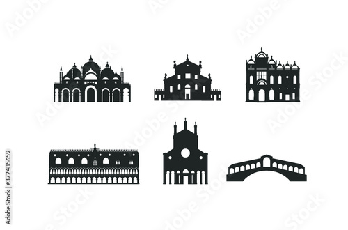 Venice buildings Doge's Palace,Rialto bridge,Church of San Giorgio,Saint Mark's Basilica,Scuola Grande di San Marco,Santi Giovanni e Paolo 