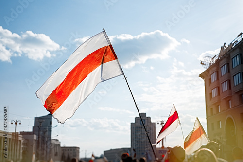 Flag of Belarus. White red white. Peaceful protest in Minsk. August 16, 2020  photo