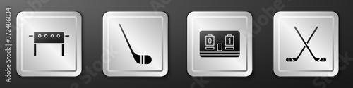 Set Hockey table, Ice hockey stick, Hockey mechanical scoreboard and Ice hockey sticks icon. Silver square button. Vector.